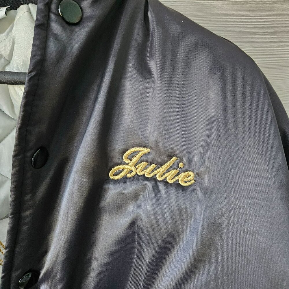 Vintage 90s Black Satin Bomber Jacket Moto Goldwing Graphic NAME Cardinal XL - Picture 4 of 13